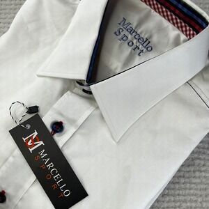 Marcello Sport Mens White Button Down‎ Shirt Plaid Trim Long Sleeve FC-112 NEW